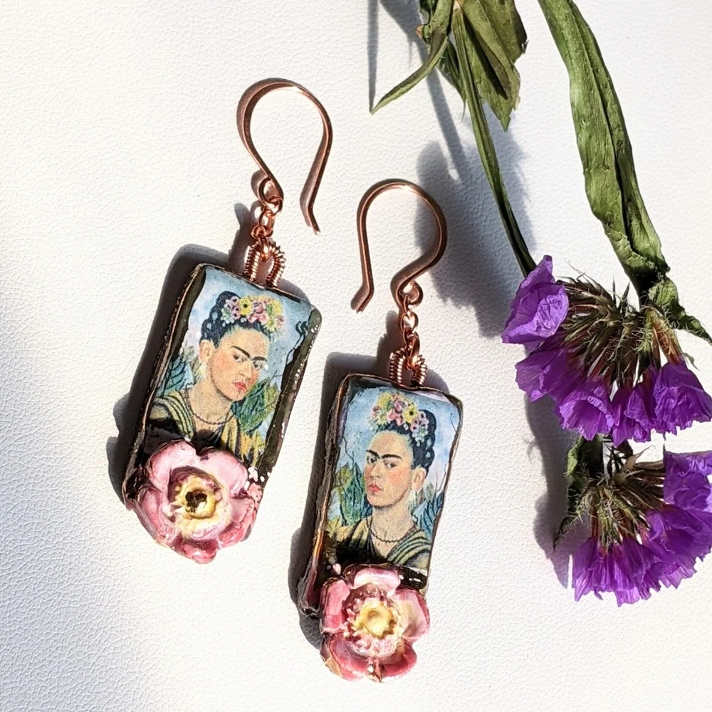 Unique Frida Khalo Earrings Artisan Crafted Lightweight Ceramic Charms - Picture 13 of 16